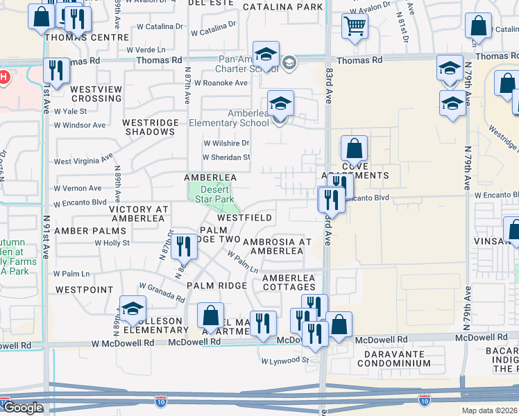 map of restaurants, bars, coffee shops, grocery stores, and more near 8520 West Palm Lane in Phoenix