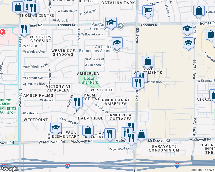 map of restaurants, bars, coffee shops, grocery stores, and more near 8520 West Palm Lane in Phoenix