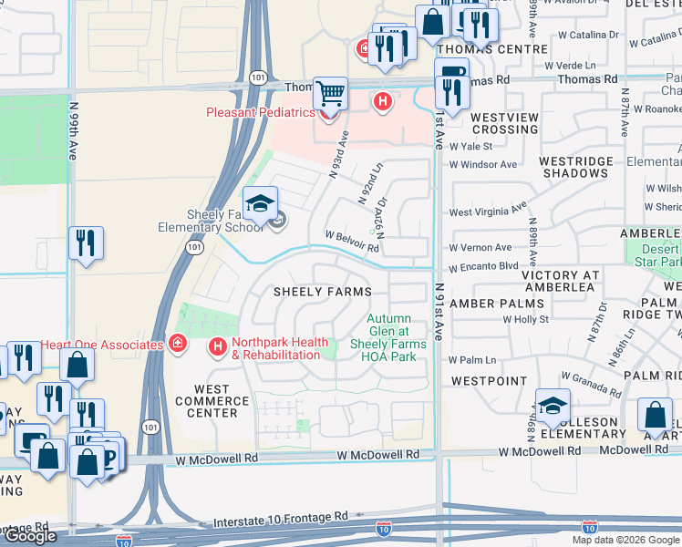 map of restaurants, bars, coffee shops, grocery stores, and more near 9310 West Rascon Loop in Phoenix