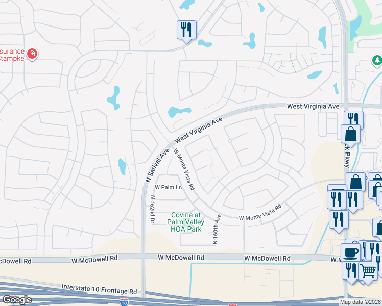 map of restaurants, bars, coffee shops, grocery stores, and more near 16077 West Ashland Avenue in Goodyear