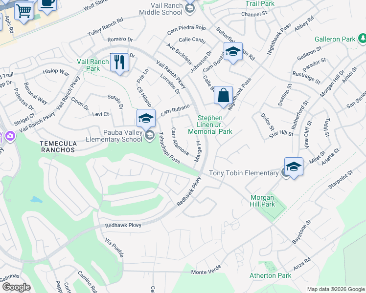 map of restaurants, bars, coffee shops, grocery stores, and more near 44883 Melissa Circle in Temecula
