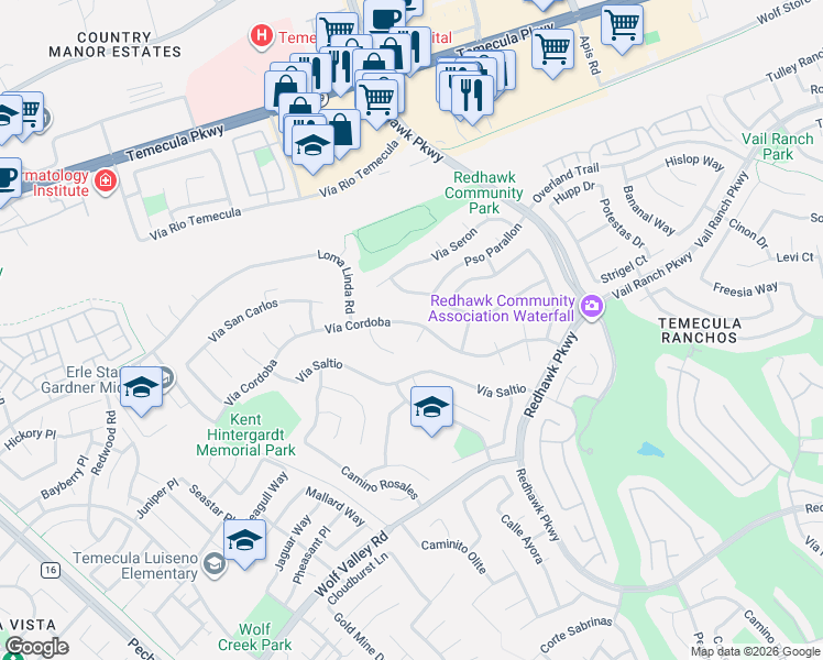map of restaurants, bars, coffee shops, grocery stores, and more near 31900 Vía Cordoba in Temecula