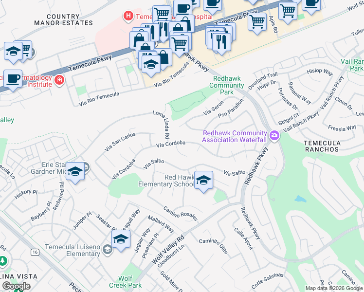 map of restaurants, bars, coffee shops, grocery stores, and more near 31900 Vía Cordoba in Temecula