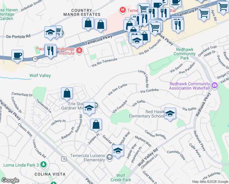 map of restaurants, bars, coffee shops, grocery stores, and more near 31599 Via San Carlos in Temecula