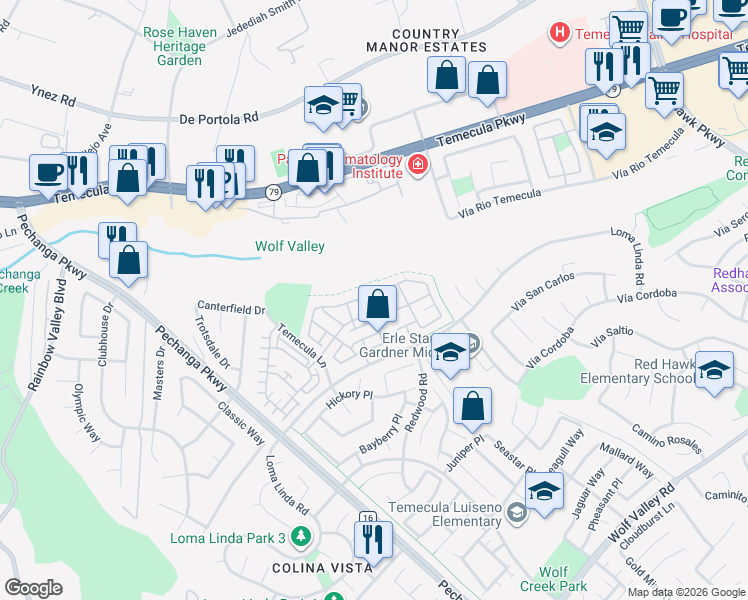 map of restaurants, bars, coffee shops, grocery stores, and more near 31216 Strawberry Tree Lane in Temecula
