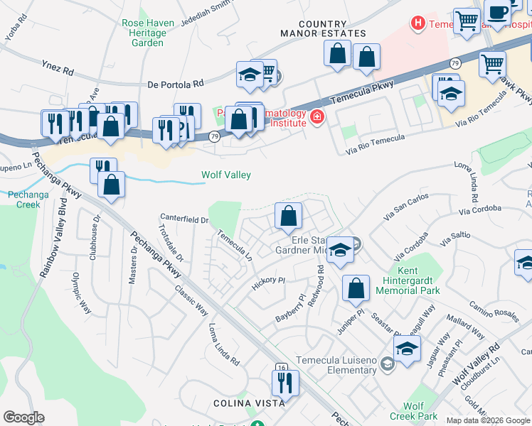 map of restaurants, bars, coffee shops, grocery stores, and more near 31156 Strawberry Tree Lane in Temecula