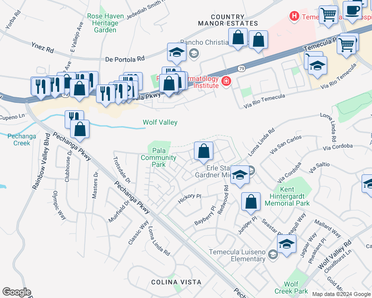 map of restaurants, bars, coffee shops, grocery stores, and more near 31156 Strawberry Tree Lane in Temecula