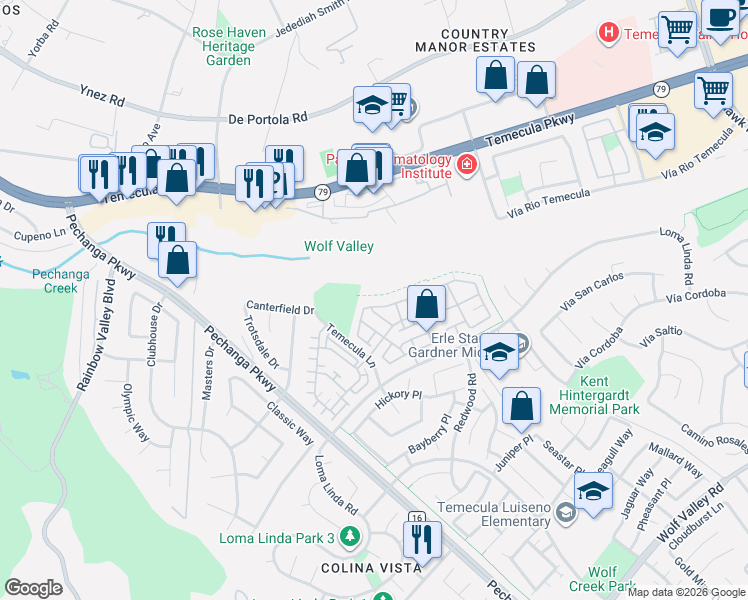 map of restaurants, bars, coffee shops, grocery stores, and more near 31156 Strawberry Tree Lane in Temecula