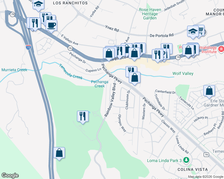 map of restaurants, bars, coffee shops, grocery stores, and more near 45036 Putting Green Court in Temecula