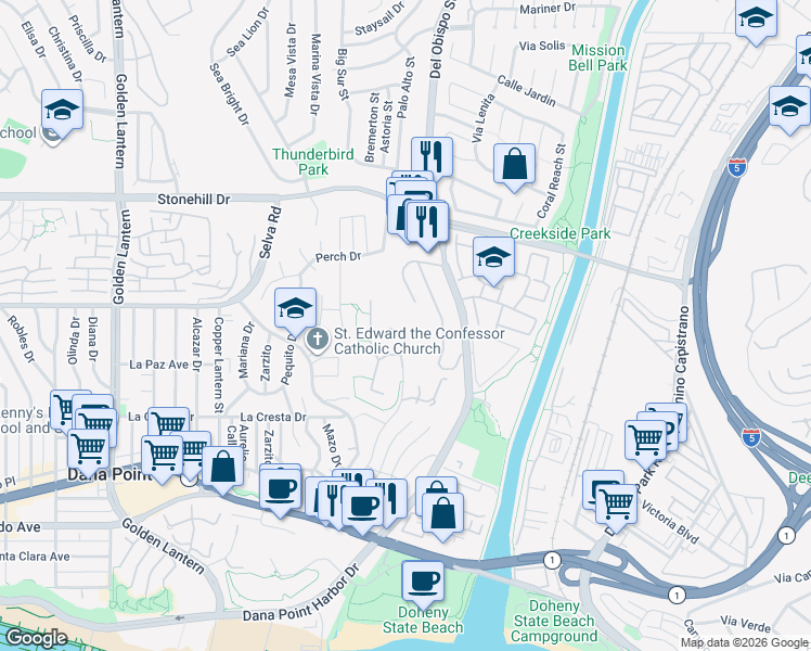 map of restaurants, bars, coffee shops, grocery stores, and more near 16 Lapis Avenue in Dana Point
