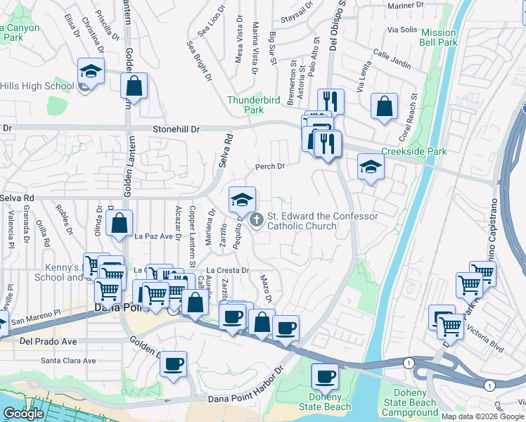 map of restaurants, bars, coffee shops, grocery stores, and more near 33751 Oldbridge Road in Dana Point