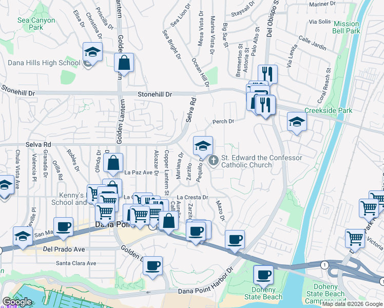 map of restaurants, bars, coffee shops, grocery stores, and more near 25121 Via Pacifica in Dana Point