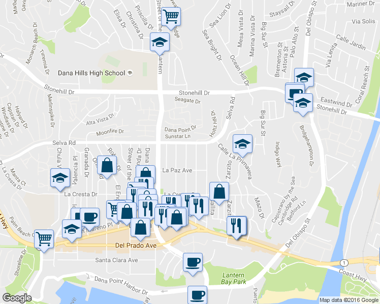 map of restaurants, bars, coffee shops, grocery stores, and more near 33752 Alcazar Drive in Dana Point