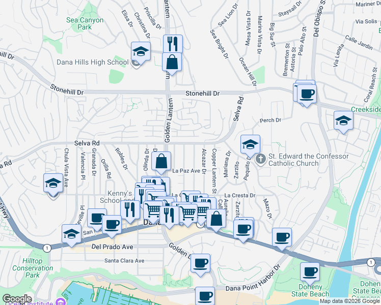 map of restaurants, bars, coffee shops, grocery stores, and more near 33752 Silver Lantern Street in Dana Point