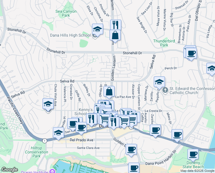 map of restaurants, bars, coffee shops, grocery stores, and more near 33751 Diana Drive in Dana Point