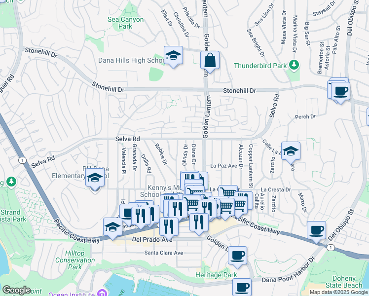 map of restaurants, bars, coffee shops, grocery stores, and more near 33751 Diana Drive in Dana Point