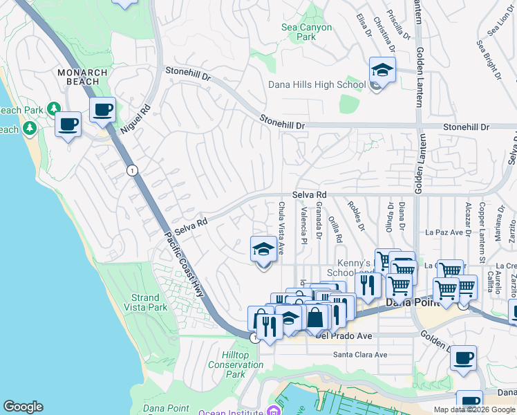 map of restaurants, bars, coffee shops, grocery stores, and more near 33785 Vista Grande in Dana Point