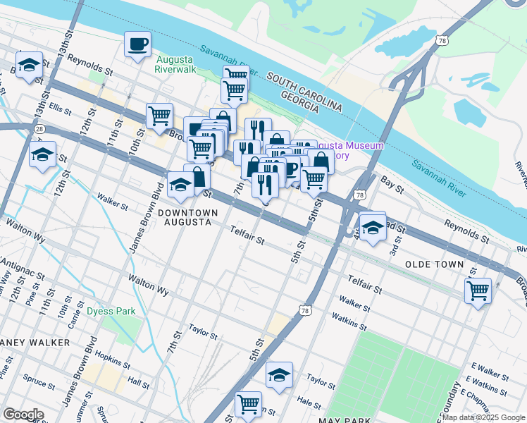 map of restaurants, bars, coffee shops, grocery stores, and more near 619 Greene Street in Augusta