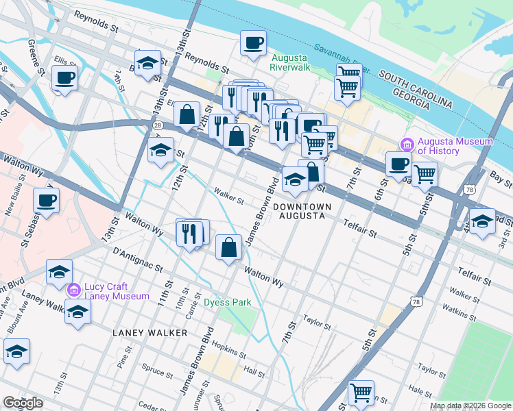 map of restaurants, bars, coffee shops, grocery stores, and more near 933 1/2 Walker Street in Augusta
