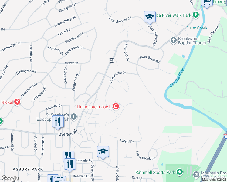 map of restaurants, bars, coffee shops, grocery stores, and more near 3325 Dunbrooke Drive in Birmingham
