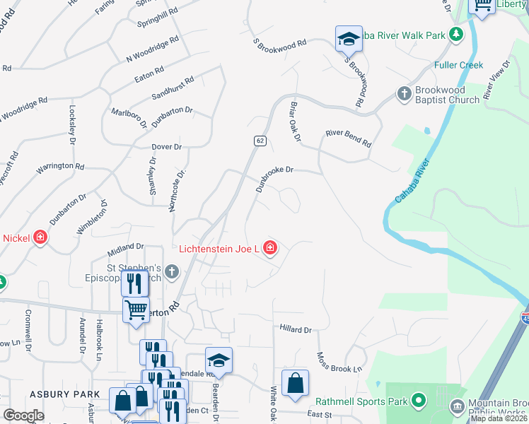 map of restaurants, bars, coffee shops, grocery stores, and more near 3325 Dunbrooke Drive in Birmingham
