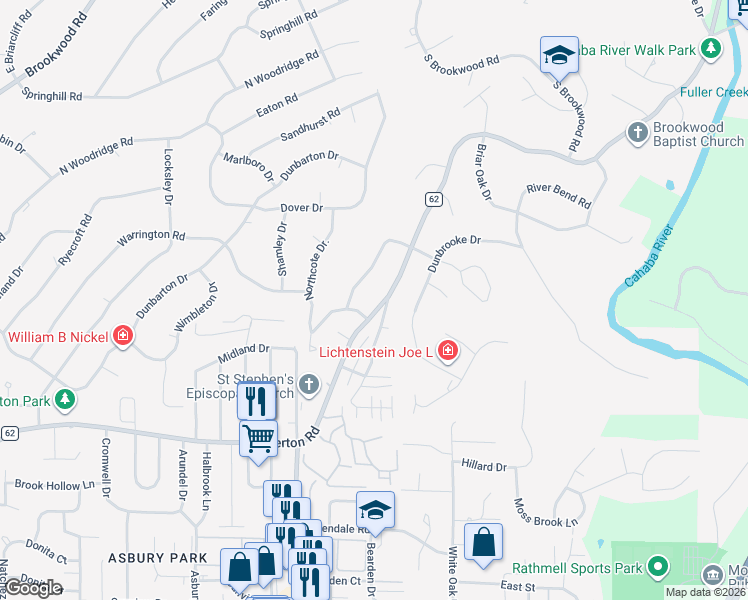 map of restaurants, bars, coffee shops, grocery stores, and more near 3305 Stoneridge Drive in Birmingham