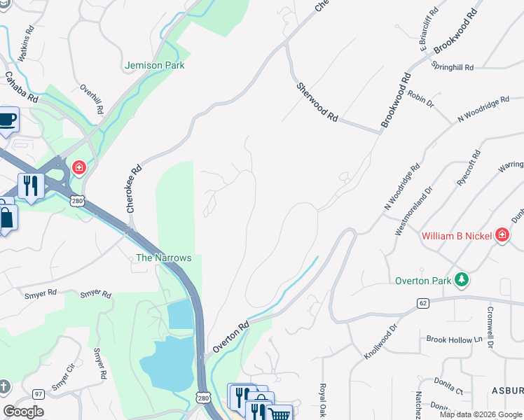 map of restaurants, bars, coffee shops, grocery stores, and more near 2840 Shook Hill Road in Birmingham
