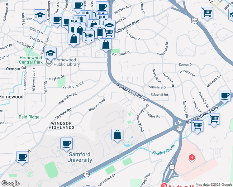 map of restaurants, bars, coffee shops, grocery stores, and more near 1929 Saulter Road in Birmingham