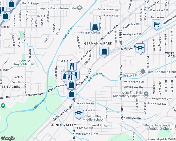 map of restaurants, bars, coffee shops, grocery stores, and more near 2800 Steiner Avenue Southwest in Birmingham