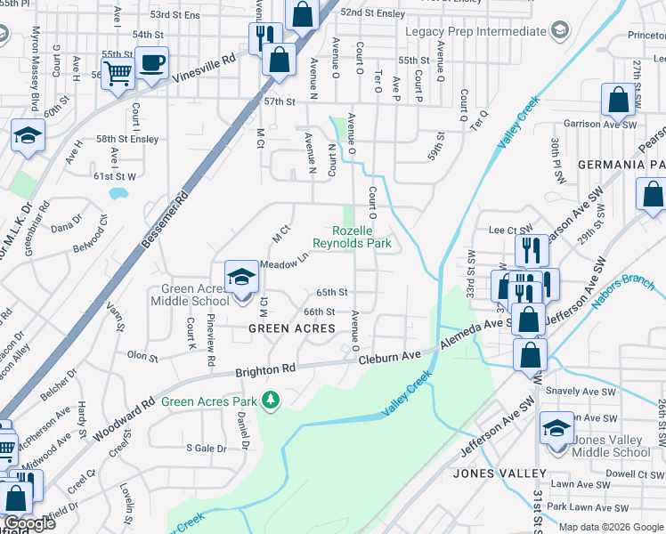 map of restaurants, bars, coffee shops, grocery stores, and more near 1401 Meadow Lane in Birmingham