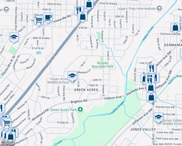 map of restaurants, bars, coffee shops, grocery stores, and more near 1401 Meadow Lane in Birmingham