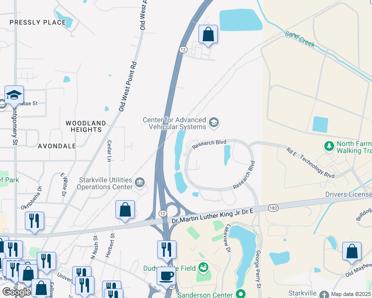 map of restaurants, bars, coffee shops, grocery stores, and more near 285-359 Research Boulevard in Starkville