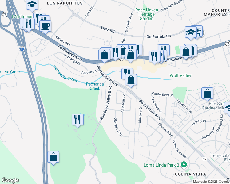 map of restaurants, bars, coffee shops, grocery stores, and more near 45291 Silverado Lane in Temecula