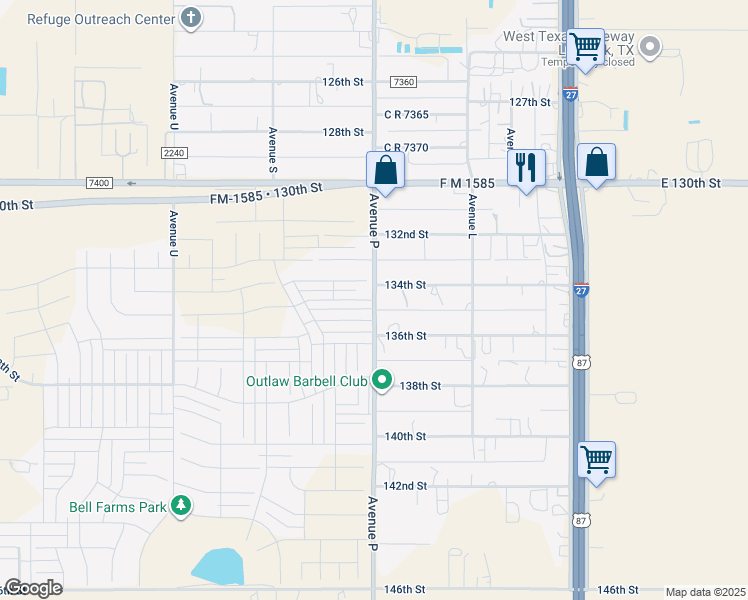 map of restaurants, bars, coffee shops, grocery stores, and more near 13403 Avenue P in Lubbock
