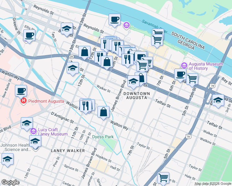 map of restaurants, bars, coffee shops, grocery stores, and more near 933 1/2 Walker Street in Augusta