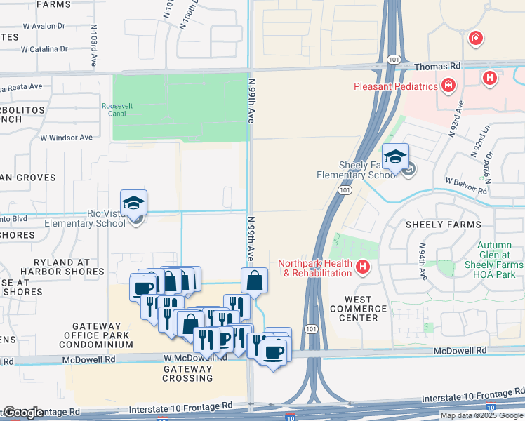 map of restaurants, bars, coffee shops, grocery stores, and more near 2209 North 99th Avenue in Phoenix