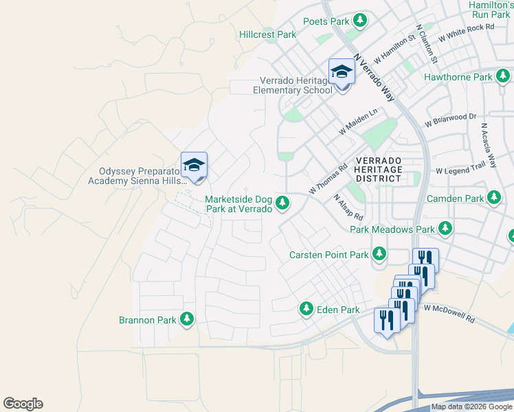 map of restaurants, bars, coffee shops, grocery stores, and more near 21093 West Park Meadows Drive in Buckeye