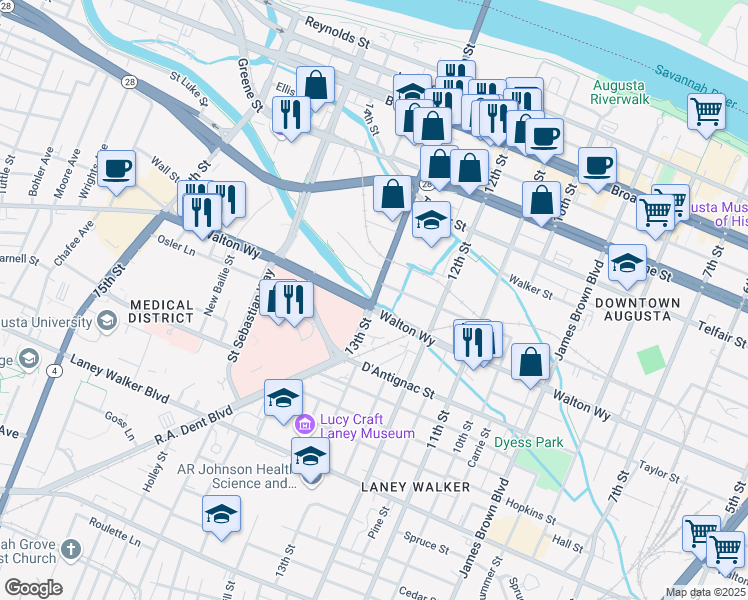 map of restaurants, bars, coffee shops, grocery stores, and more near 13th Street in Augusta