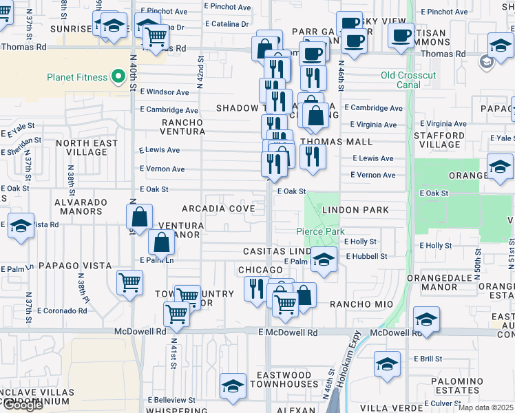 map of restaurants, bars, coffee shops, grocery stores, and more near 4357 East Oak Street in Phoenix