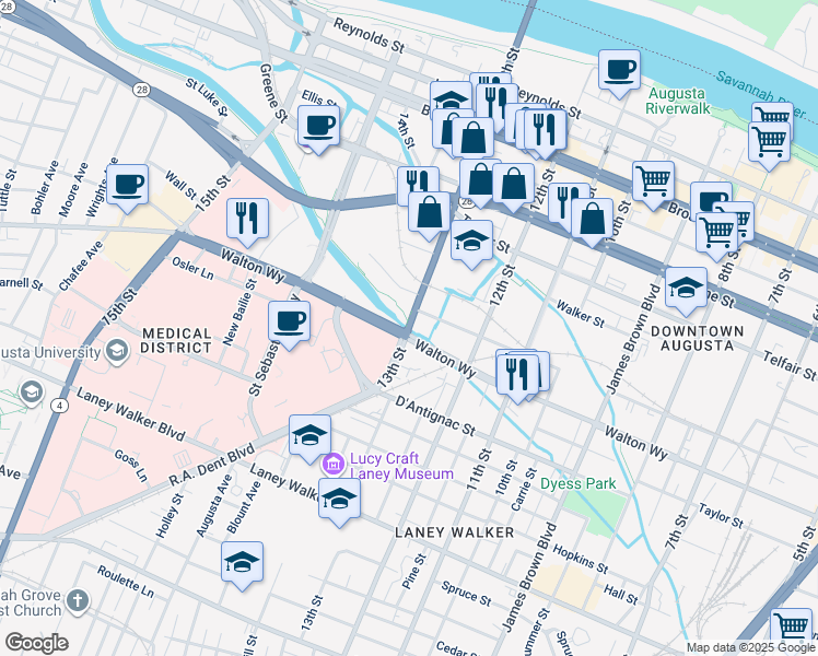 map of restaurants, bars, coffee shops, grocery stores, and more near 13th Street in Augusta