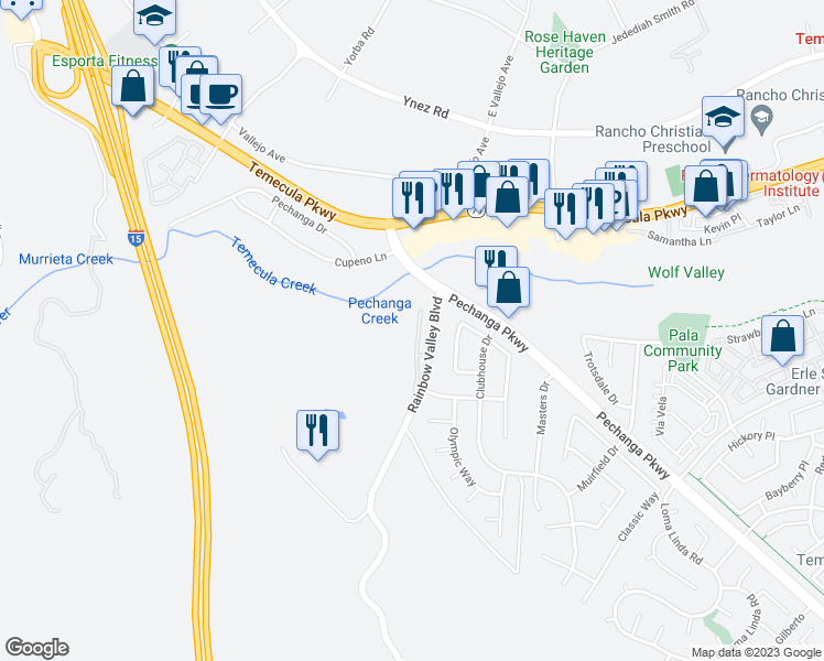 map of restaurants, bars, coffee shops, grocery stores, and more near 45077 Putting Green Court in Temecula