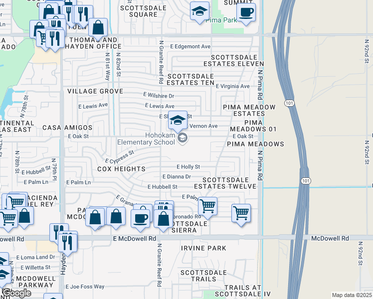 map of restaurants, bars, coffee shops, grocery stores, and more near 8451 East Oak Street in Scottsdale