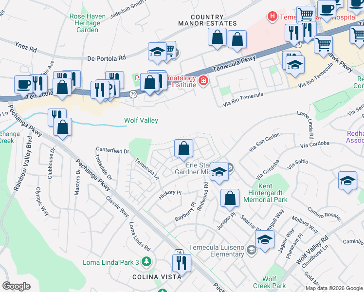 map of restaurants, bars, coffee shops, grocery stores, and more near 31216 Strawberry Tree Lane in Temecula