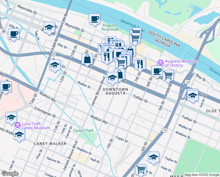 map of restaurants, bars, coffee shops, grocery stores, and more near 500 East Ford Street in Augusta