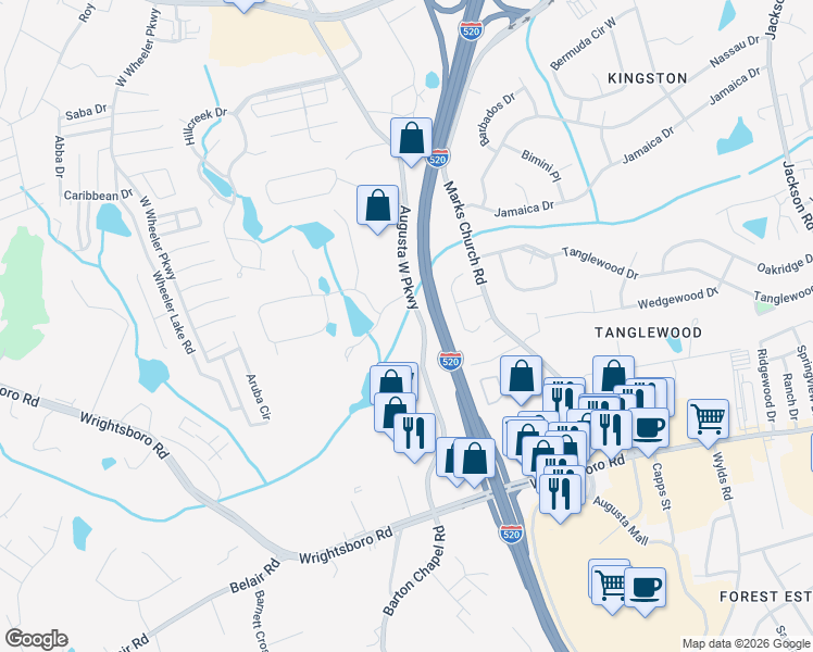 map of restaurants, bars, coffee shops, grocery stores, and more near 1307 Augusta West Parkway in Augusta