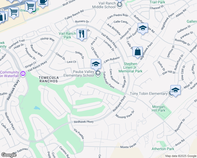 map of restaurants, bars, coffee shops, grocery stores, and more near 33125 Regina Drive in Temecula