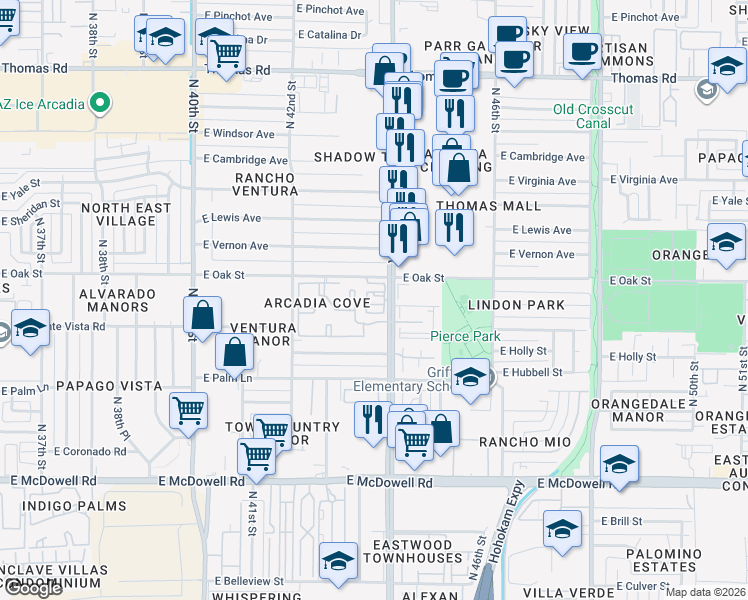 map of restaurants, bars, coffee shops, grocery stores, and more near 2252 North 44th Street in Phoenix