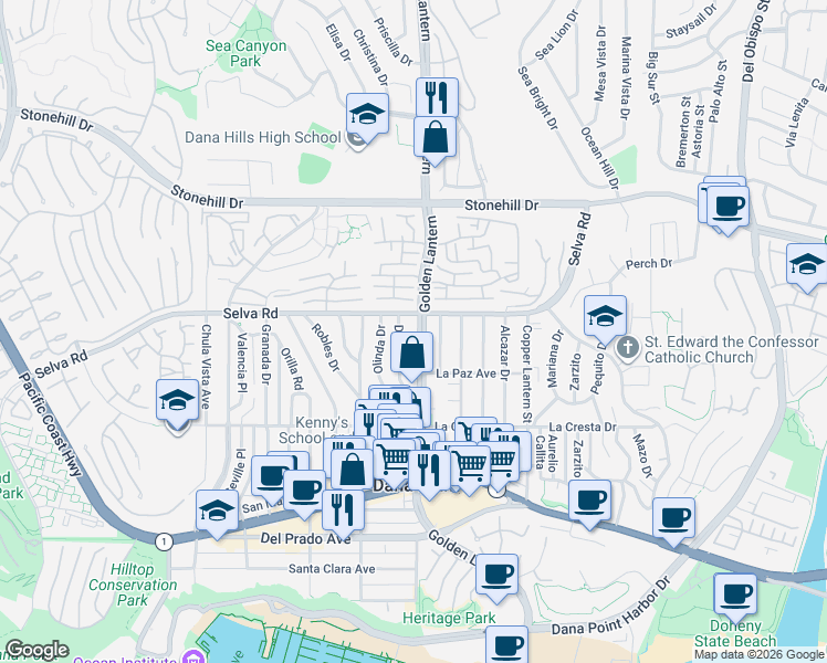 map of restaurants, bars, coffee shops, grocery stores, and more near 33775 Golden Lantern in Dana Point