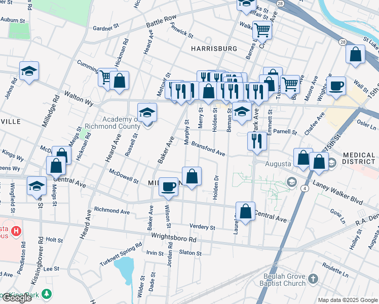 map of restaurants, bars, coffee shops, grocery stores, and more near 1104 Murphy Street in Augusta
