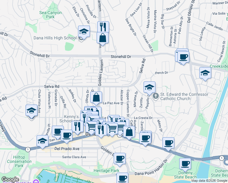 map of restaurants, bars, coffee shops, grocery stores, and more near 33775 Malaga Drive in Dana Point